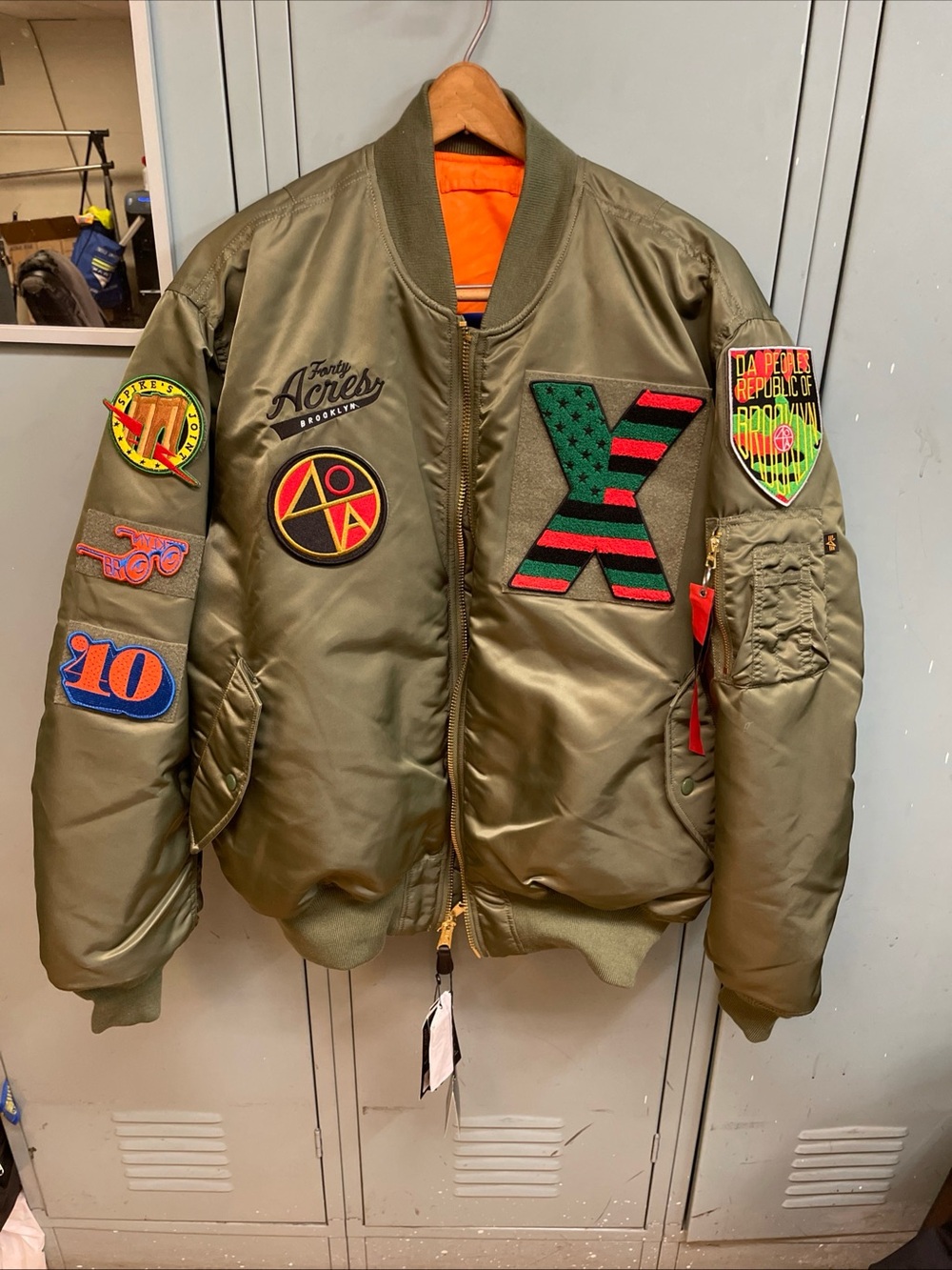 Men's Olive Green Bomber Jacket with Patch Details